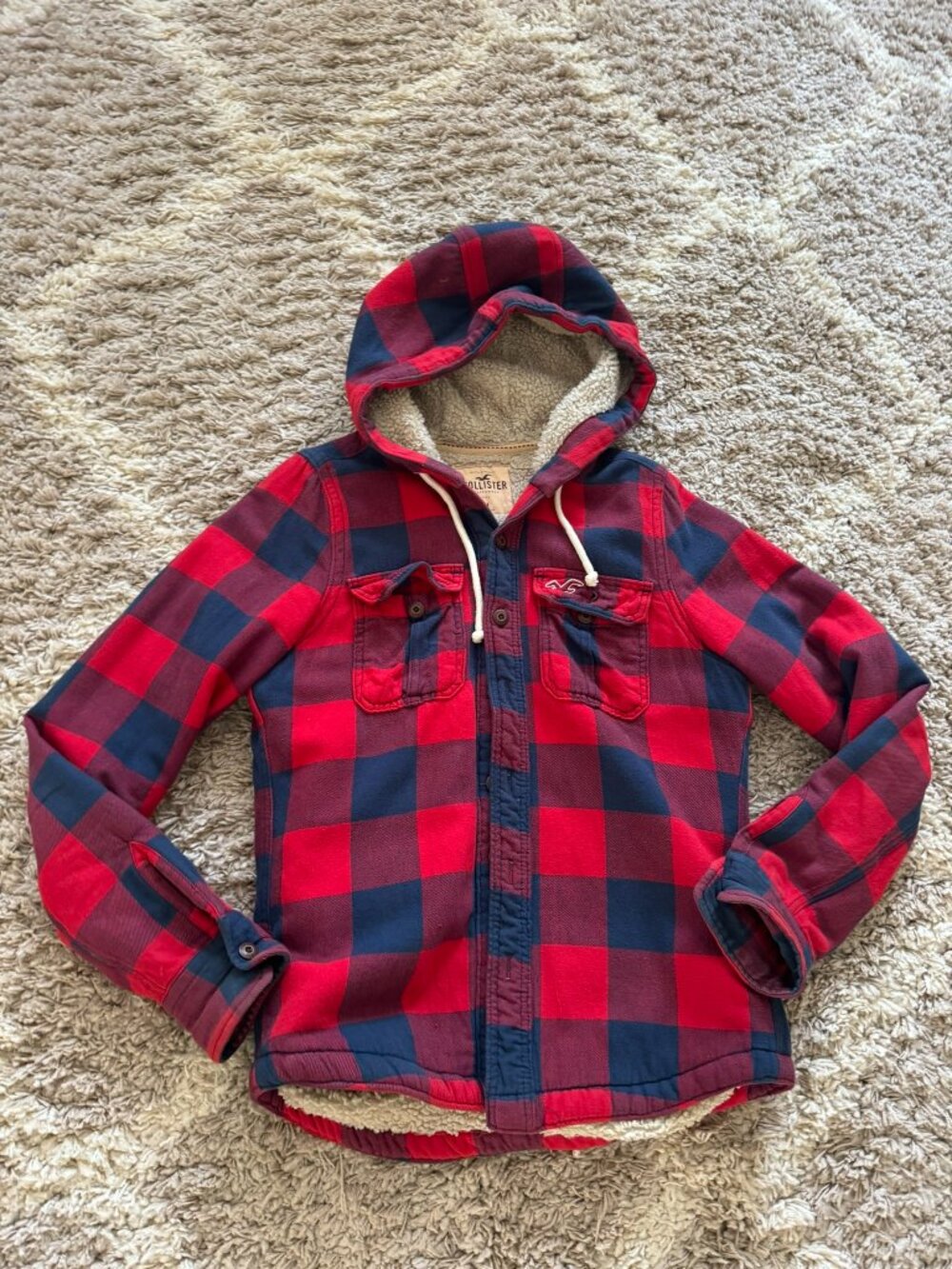 Hollister Y2K‎ Plaid Flannel Hooded Shirt, Sherpa Lined Size Medium